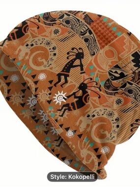 Kokopelli Pattern Rust Beanie with Turquoise Accents